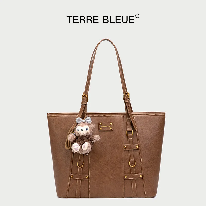 Retro Cracked Texture Tote Bag Women Adjustable Shoulder Straps Bear Charm Large Capacity Casual Work Shopping Handbag