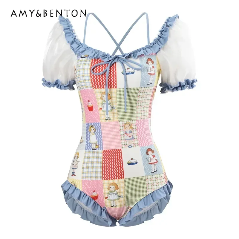 

Japanese Swimwear Cute Girl Student Bubble Sleeves Slightly Covering Meat Summer Beach Triangle One-piece Suits Women's Swimsuit