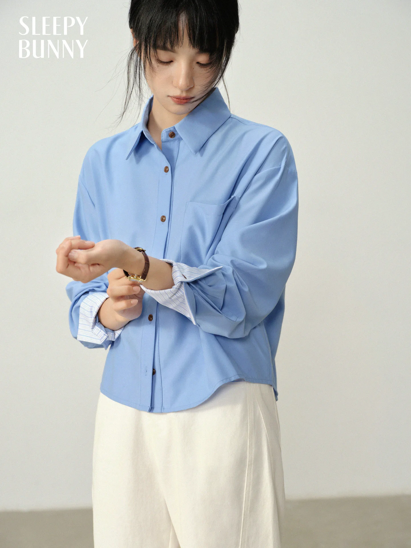 

Vintage Elegant Casual Blue Lapel Button Down Shirt Autumn Long Sleeve Slim Fit Loose Blouse Stylish Commuter Layering Top Women