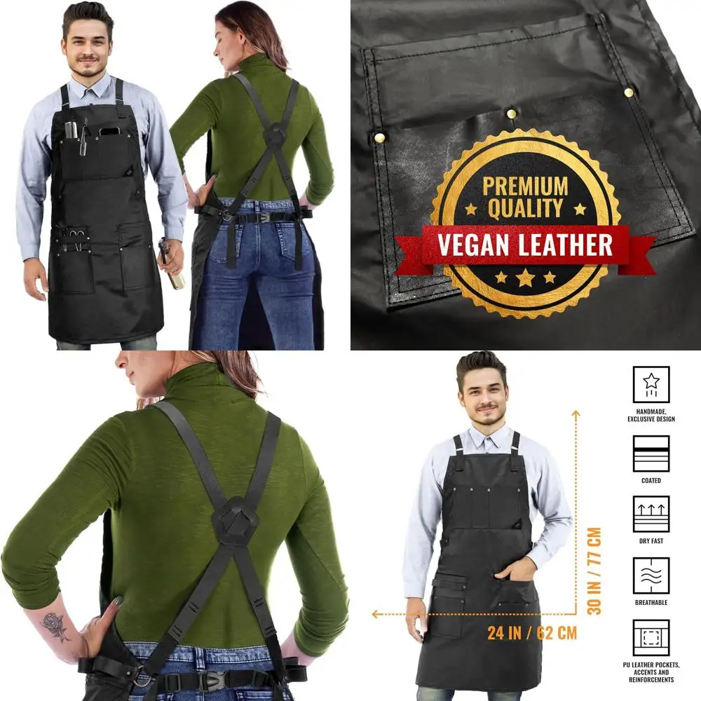 

NY Sky Barber Apron with Leather Straps, Pockets, Reinforcements - Crossback, Coated Twill, Adjustable for Men & Women - Ideal f