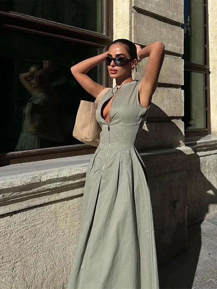 Women Elegant Solid Half Zipper A-line Dresses Fashion Round Collar Sleeveless Pleated Slim Dress Female Casual High Street Robe