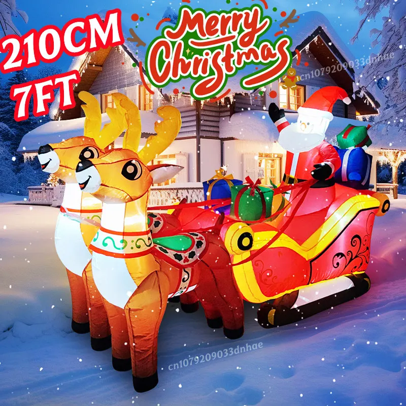 Christmas Inflatables Decoration Santa Claus Riding Sled Reindeer Built-in LED Lights,For Indoor Outdoor Garden Party Decoration