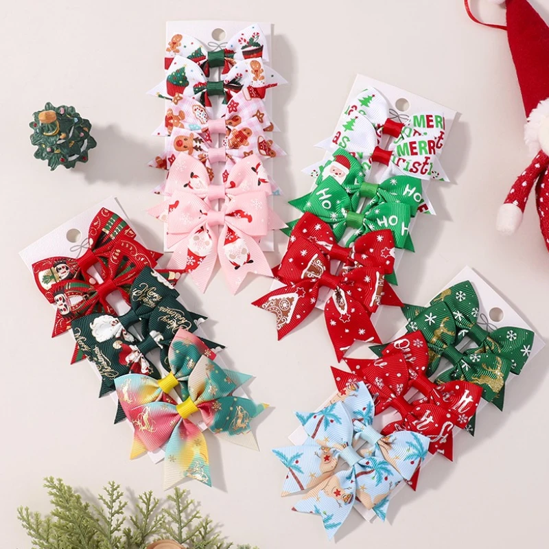 6 個クリスマスヘアクリップセット女の子のためのサンタクロースプリント弓ヘアピン帽子ヘアアクセサリーギフト新しい帽子