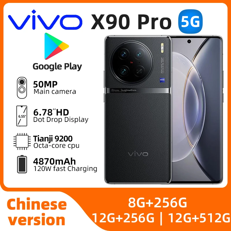 Vivo X90 Pro 5G Mobiltelefon 6,78 Zoll 120 Hz 120 W Ladegerät 50,0 MP Kamera Dimensity9200 IP68 NFC 4870 mAh OTG gebrauchtes Telefon