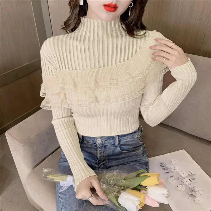 Elegant Turtleneck Hollow Out Ruffles Lace Blouse Female Clothing 2023 Autumn Winter New Casual Pullovers Sweet Shirt