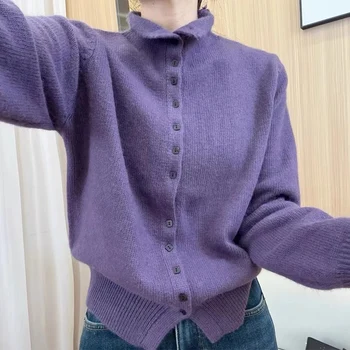 New Soft Comfortable Stand-Up Collar Sweater Cardigan Women Simple Single Breasted Cardigans Coat Autumn Solid Knitted Outerwear 3