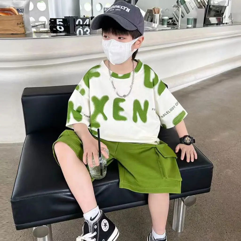 

Printed Short-Sleeve Casual Clothes Children Clothing Top and Bottom Clothing Set Boys Sweatshirt Kids 10 14 Years Shirts Boys'