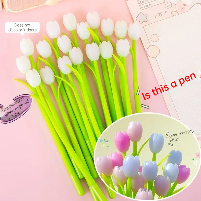 

12Pcs/Lot Creative Tulip Color Changing Gel Pen 0.5mm Black Ink Writing Supplies Kawaii Flower Pens School Office Stationery