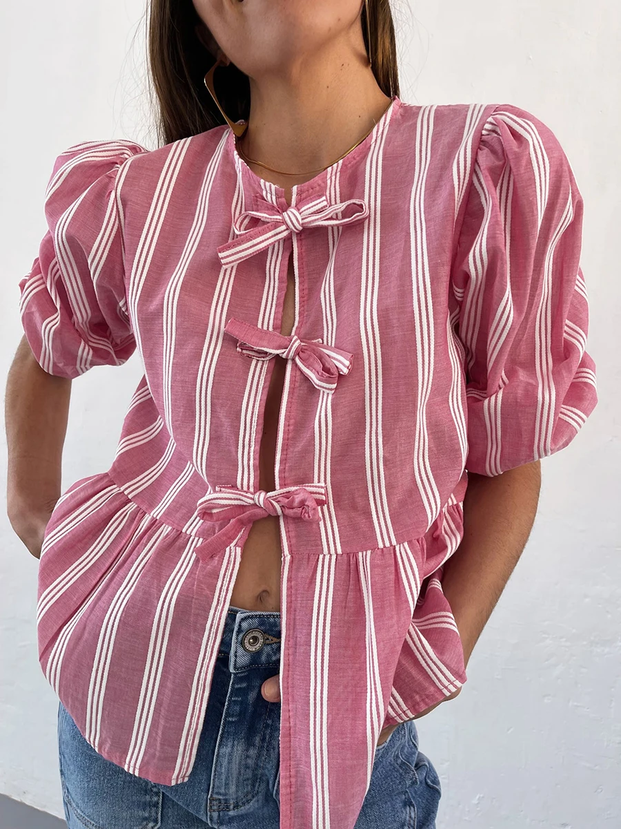 Women Shorts Set  Striped Short Sleeve Tie-up T-shirt with Elastic Waist Shorts Summer Outfit 2024 Trendy