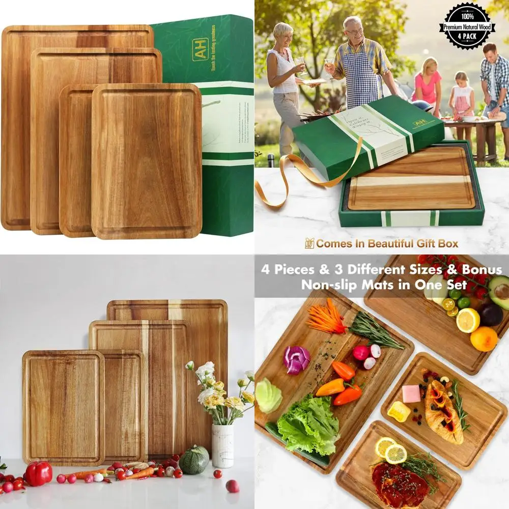 

Kitchen Set of 4 Large Acacia Wood Cutting Boards for Cheese and Charcuterie, Non-Slip Mats, Juice Groove, Handles, Gift Boxed