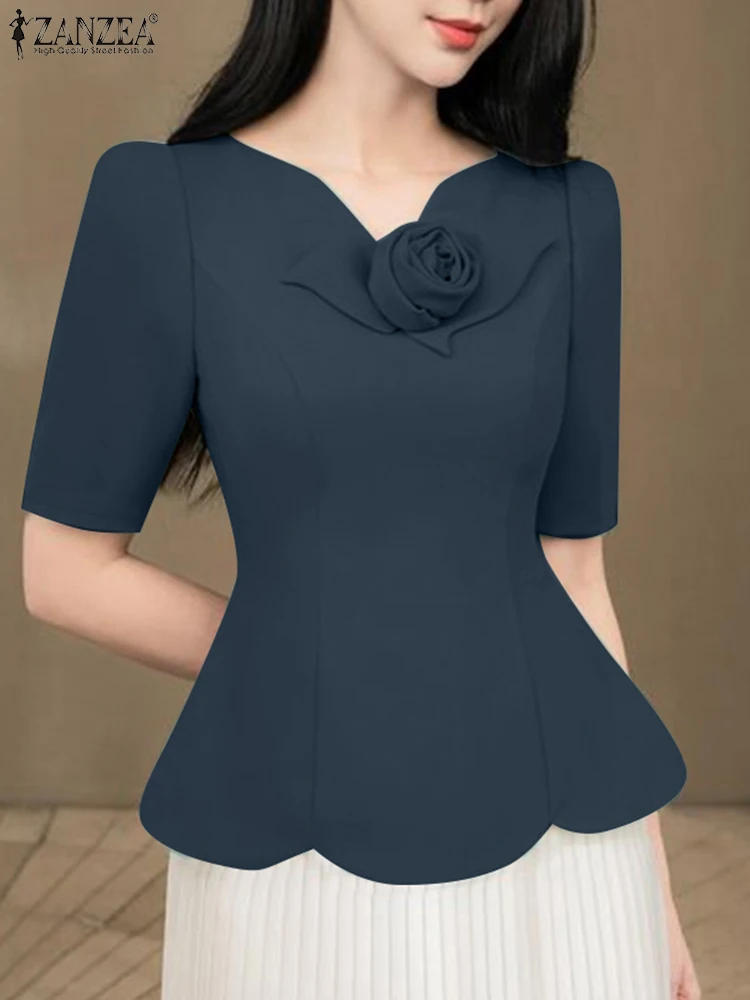 ZANZEA Women Elegant Scalloped Hem Blouses Fashion Fabric Flower V-Neck Short Sleeve Fitted Waist Blusas Mujer Office Wear Tops