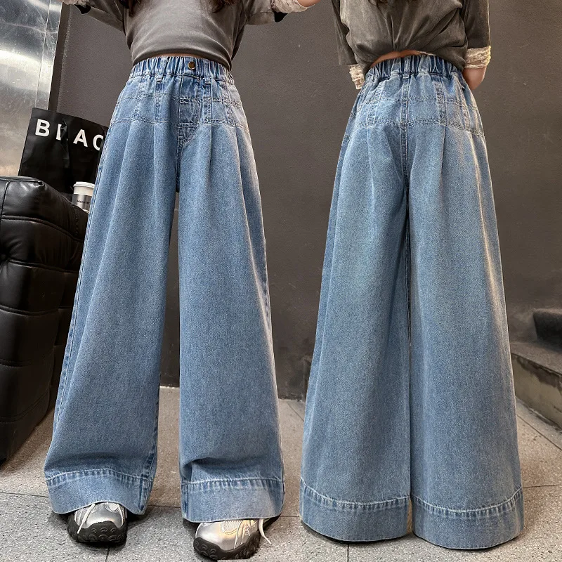 

Girls Jeans Spring and Autumn 2025 New Teenager Children Crepe De Chine Wide-leg Denim Pants Kids Straight Leg Loose Trousers