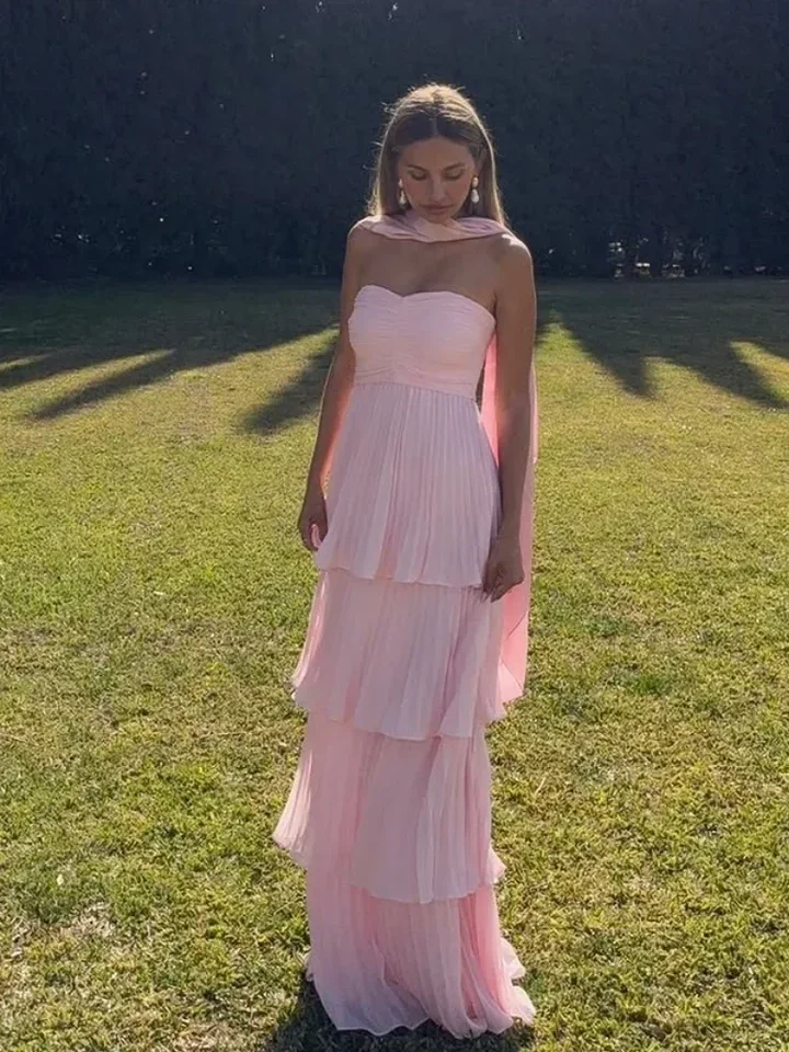 

Sexy Scarf Neck Off Shoulder Ruffles Long Dress Fashion Sleeveless High Waist Maxi Robe Women Party Evening Chic Gown