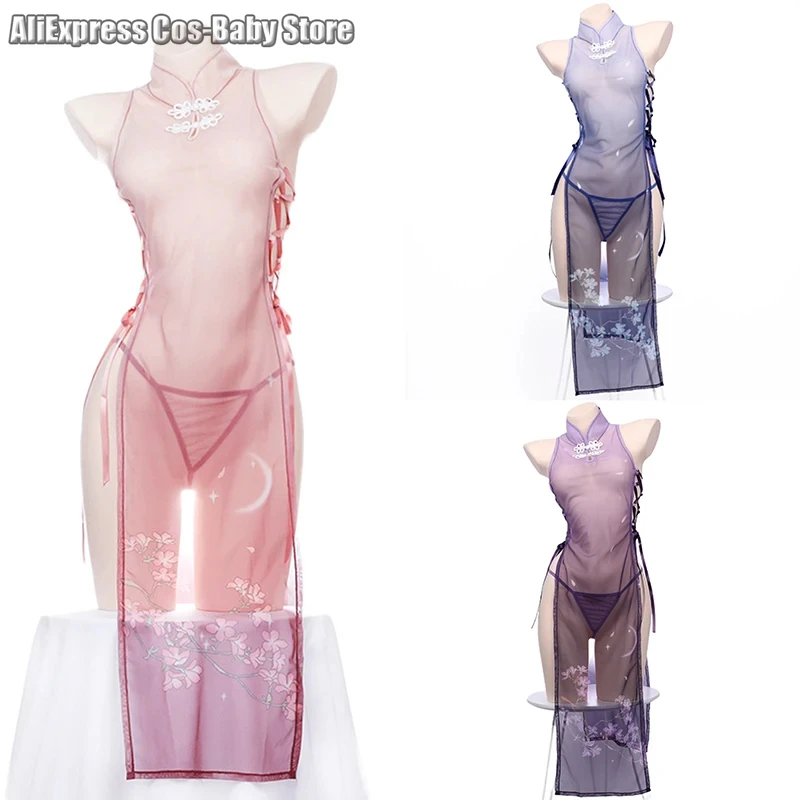 Pink Sakura Transparent Cheongsam Cosplay Lolita Maid Clothes Women Moon Dress Through Bandage Outfit Erotic Roleplay Nightwear