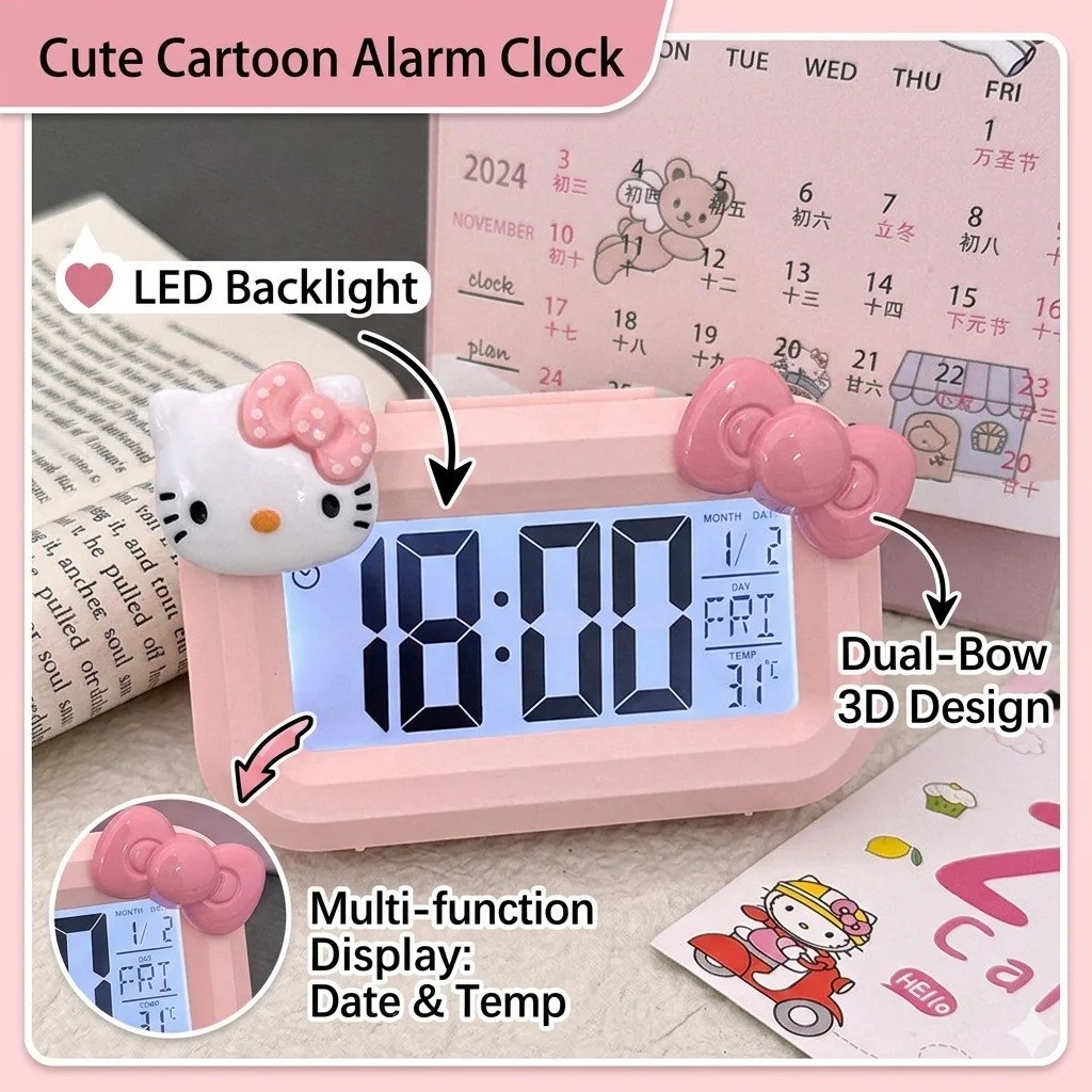 Hello Kitty Mini Night Light Alarm Clock Cute Timer Multi Functional Portable Desk Clock Birthday Gift Holiday Gift