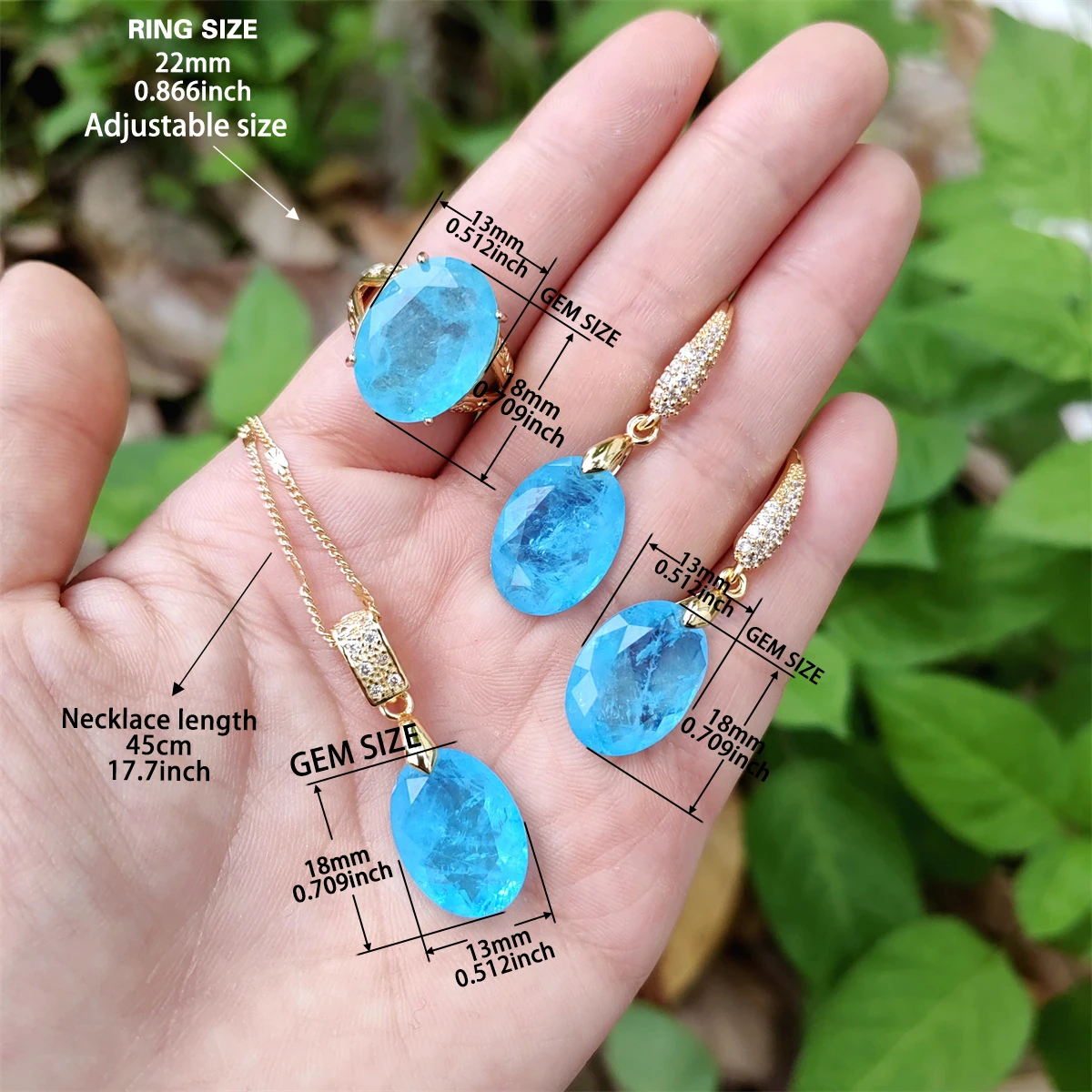 Oval Palaiba color natural crystal gemstone set ring pendant earrings three-piece set,elegant women‘s jewelry