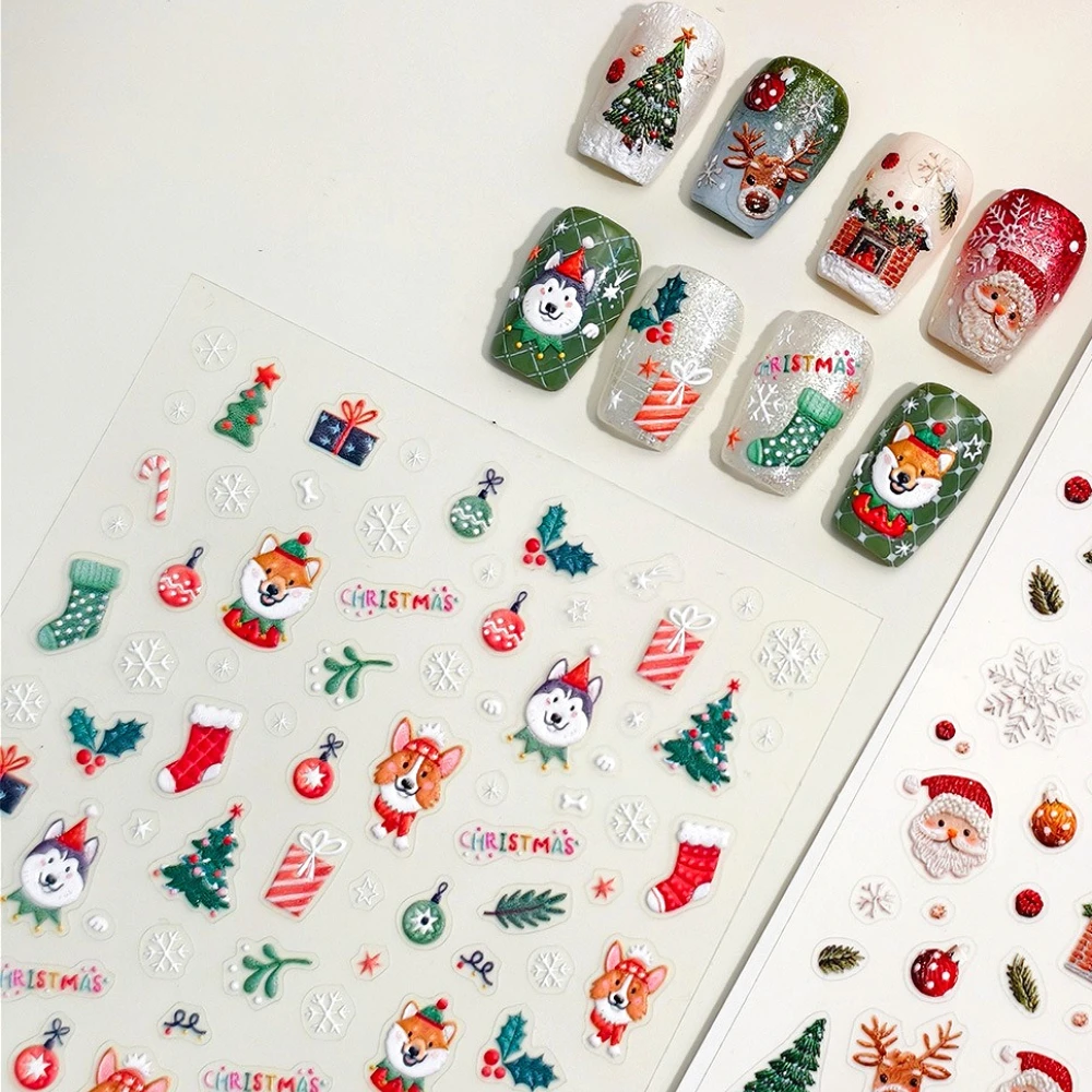 Cartoon Lovely Dog Husky Corgi Albero di Natale Palla Regalo Calza Fiocco di neve 5D Adesivi per nail art in rilievo Decalcomanie per manicure di Natale