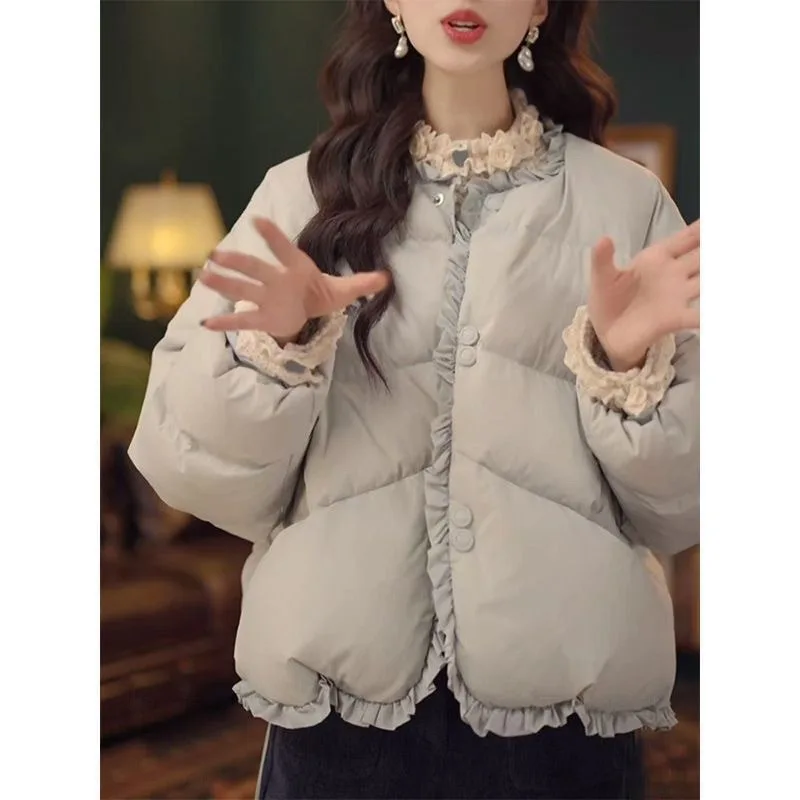 Vintage Hong Kong Style Women Winter Ruffle Trim Round Neck Cotton Coat Loose Thick Warm Outerwear