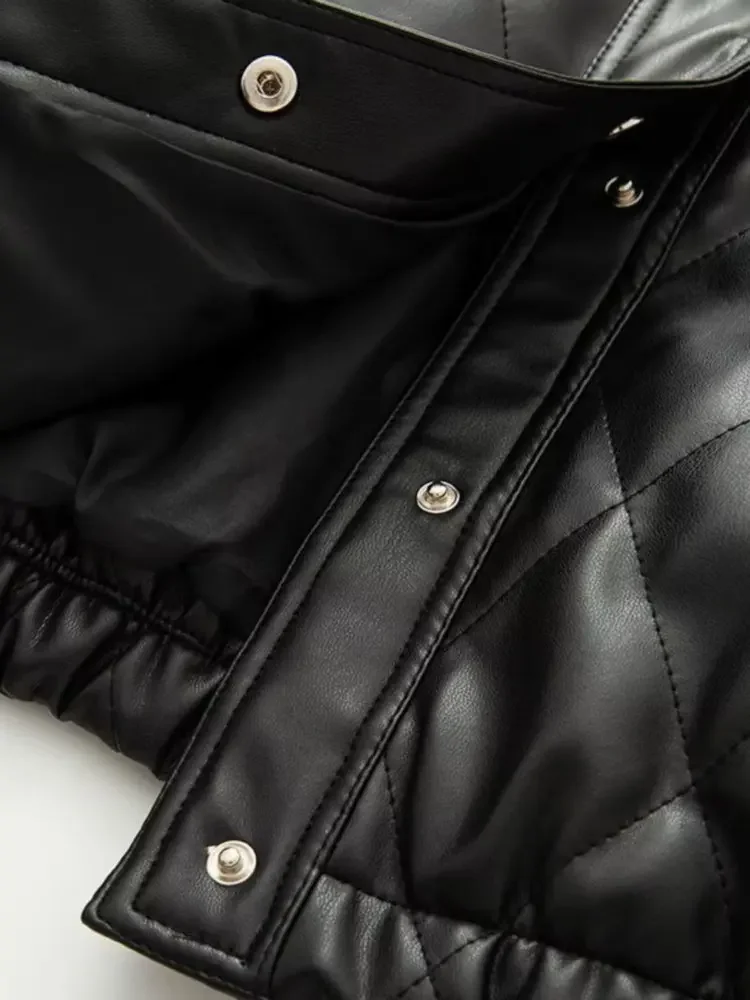 2025 Autumn Winter Women's Motor Warm Faux Leather Button Up Parkas Coats Female Street Quilted PU Padded Short Bomber Jackets