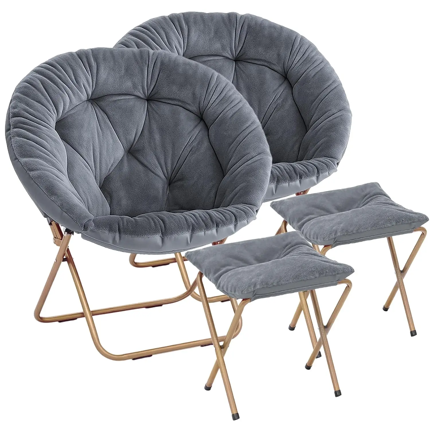 Folding Saucer Chair with Ottoman, Furry Padded Seat Metal Leg for Bedroom Living Room Dorm Small Space Grey 2 Pack, Customized