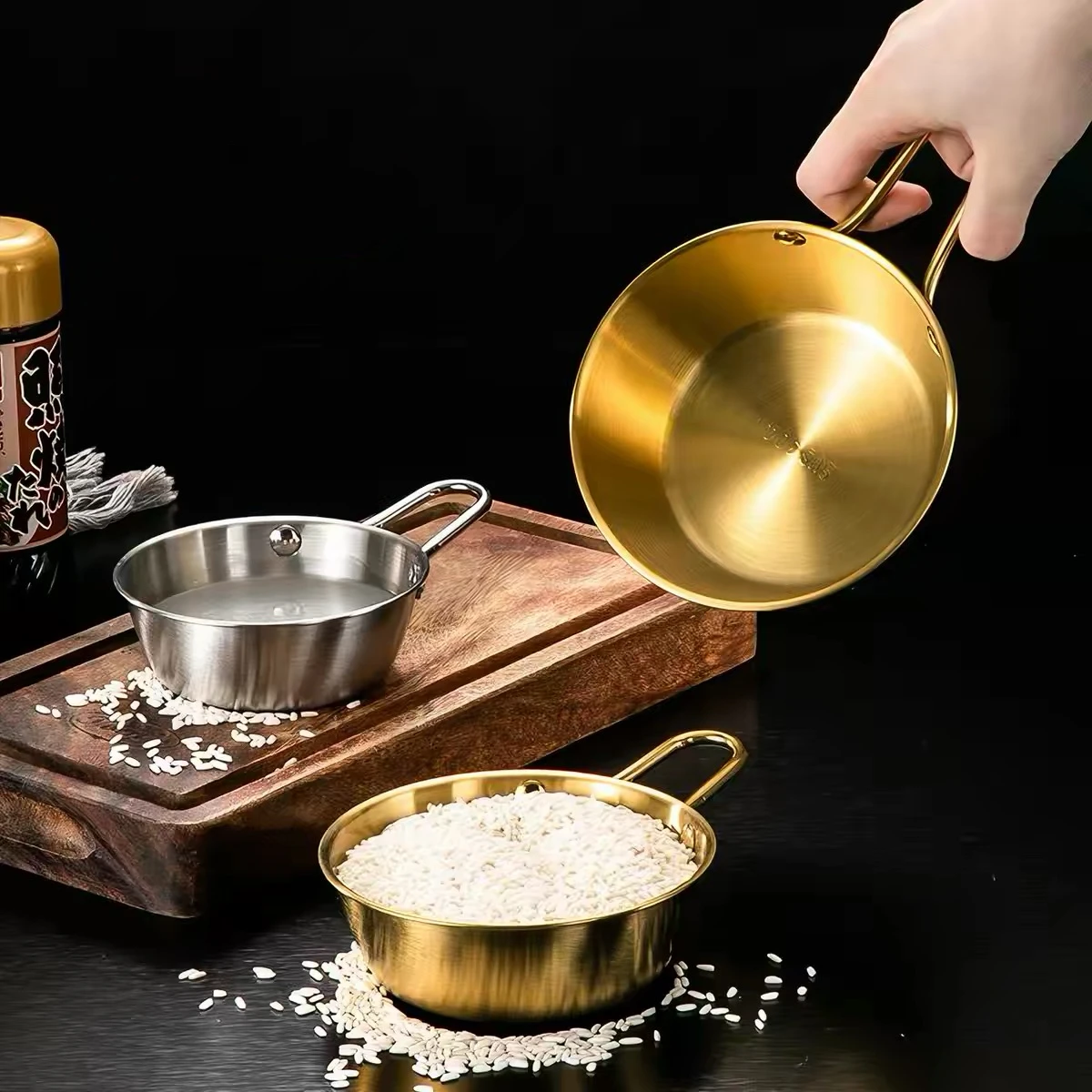 Edelstahl-Gewürzschüssel im koreanischen Stil mit Griff, Reisweinschüssel, koreanische Essensschüssel, Reisschüssel, goldene kleine Schüssel, Instant-Nudelschüssel, 400 ml, 2 Stück