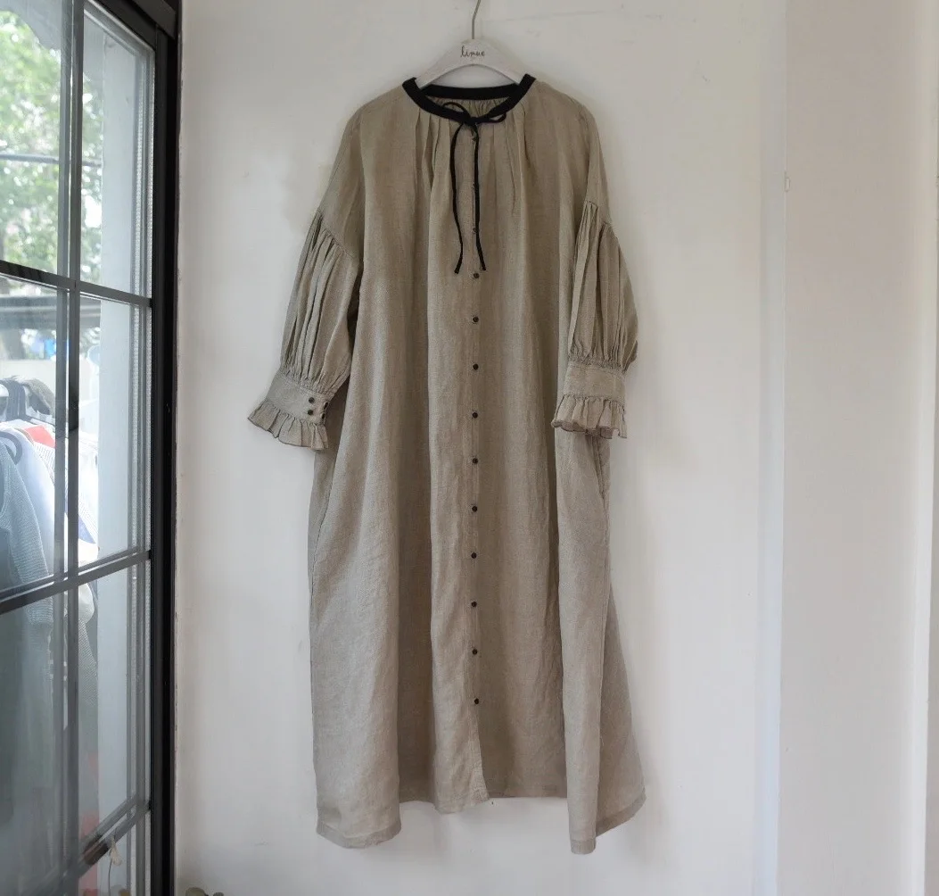 Johnature O-neck Patchwork Vintage Linen Lantern Sleeve Women Dresses 2024 Autumn Winter New Japanese Loose All Match Dress