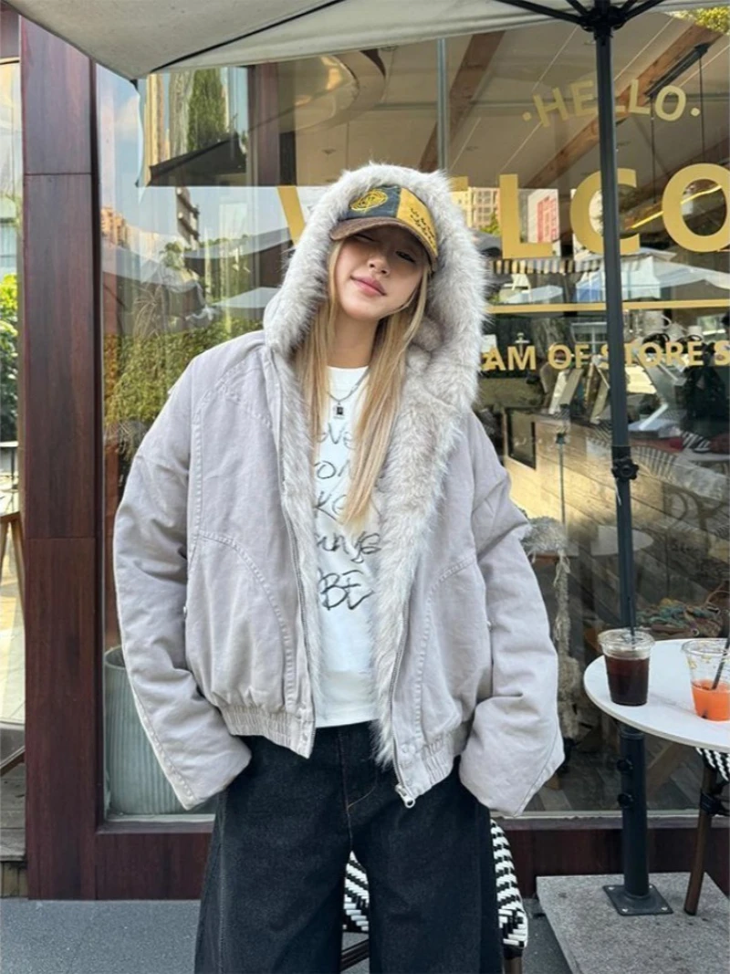 

Winter Furry Coat Female Women's Jacket Hooded Coat with Fur Y2K Streetwear Warm Bomber Coat Korean Popular Women's Clothes