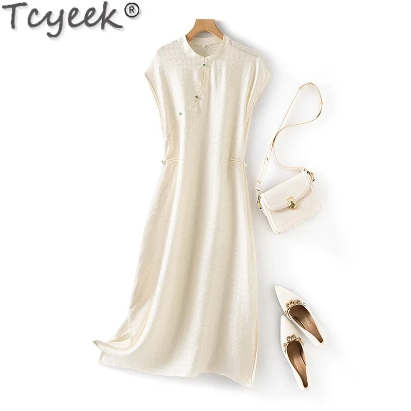 

Tcyeek 100% Real Mulberry Silk Dress Women Qipao Dress 2024 Elegant Women's Dresses Summer Clothes Stand Collar Vestido Mujer