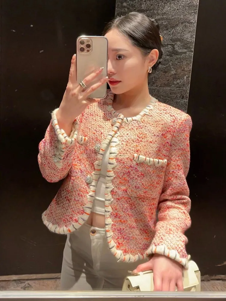 Spring New Women Slim Fit Spliced Tweed Jacket French Style Office Lady Work Outwear Coat O Neck Pockets Crystal Buttons Jacket