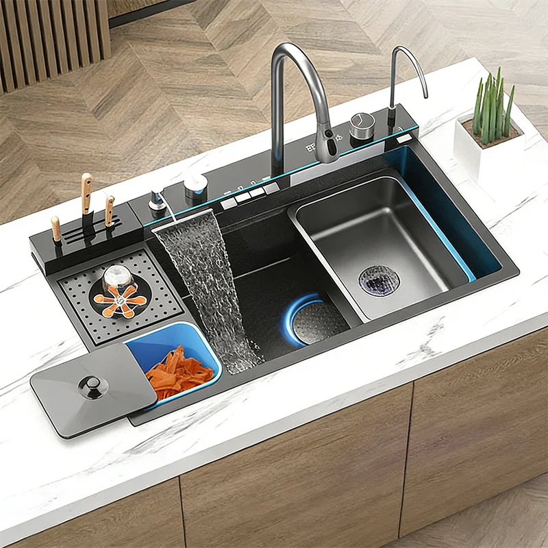 Stainless Steel Waterfall Large Single Slot Kitchen Sink Intelligent Digital Display Basin With Knife Holder & Waste Bin