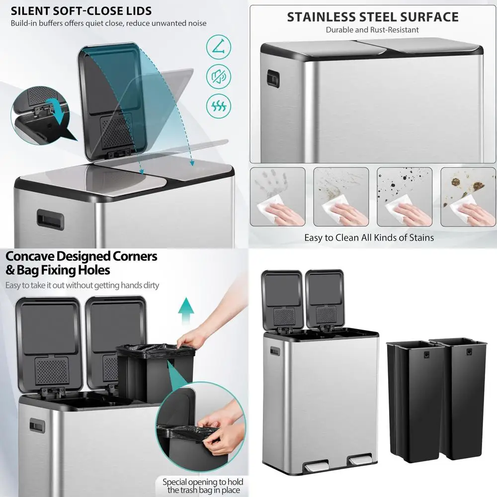 

16 Gallon 60L Dual Stainless Steel Trash and Recycling Bin with Foot Pedal, Removable Buckets, Soft-Close Lid, Silver