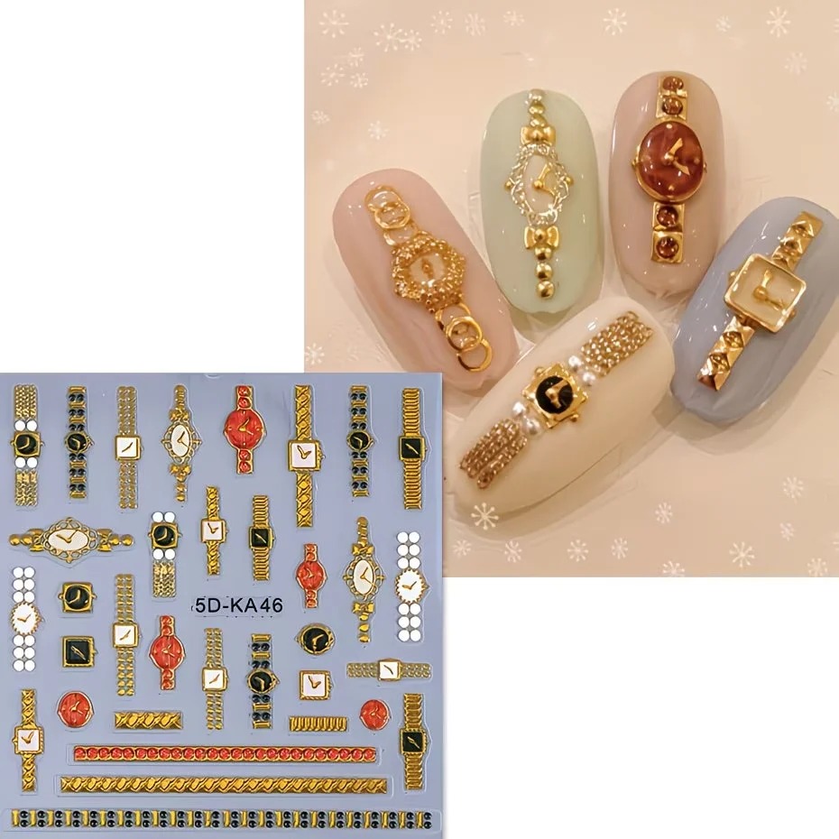Embossed Retro Watch Design Nail Art Stickers 5D Golden Rose Watches Clock Nail Decals Relief Self Adhesive Manicure Decoration