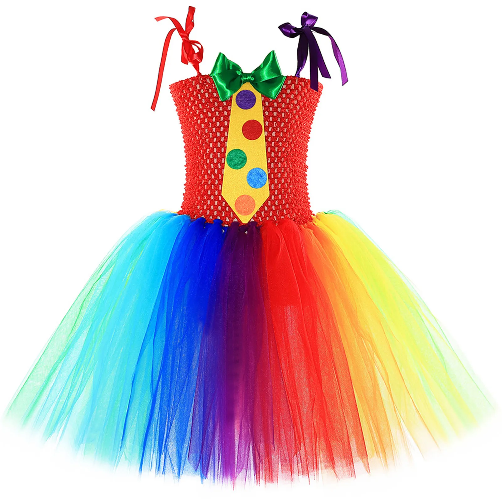Girls Rainbow Circus Clown Cosplay Costume Halloween Carnival Party Fancy Dress Adjustable Shoulder Straps Bow Tie Tulle Dress