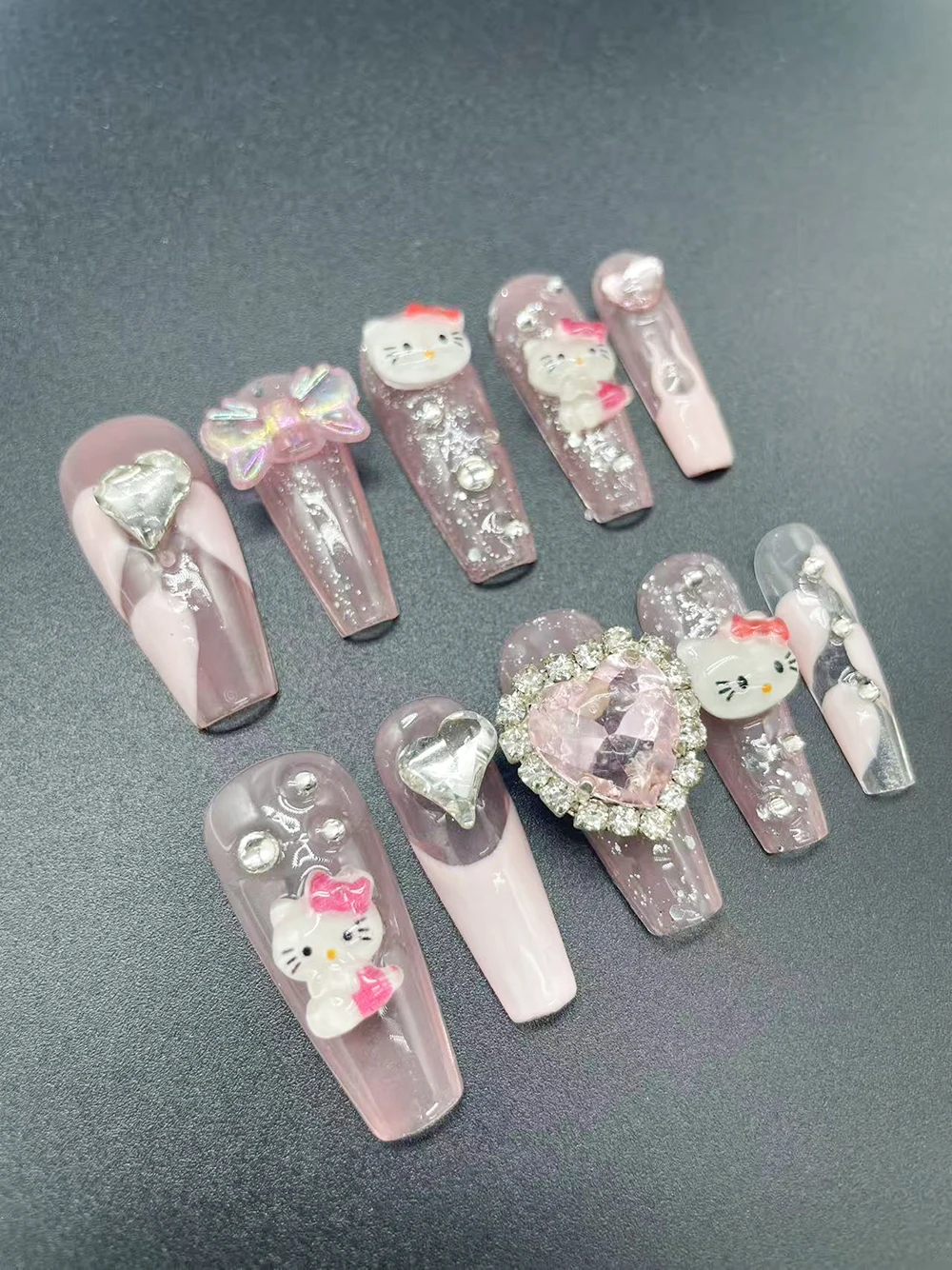 

10Pcs Handmade Pink Long Coffin Hello Kitty Press On Nails Love Diamond Glittery Sweet False Nails Sticker Date Gift