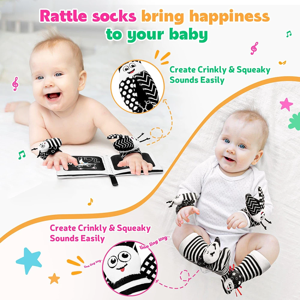 Baby Foot Finder Socks and Wrist Rattles, Black and White Sensory Toys 2