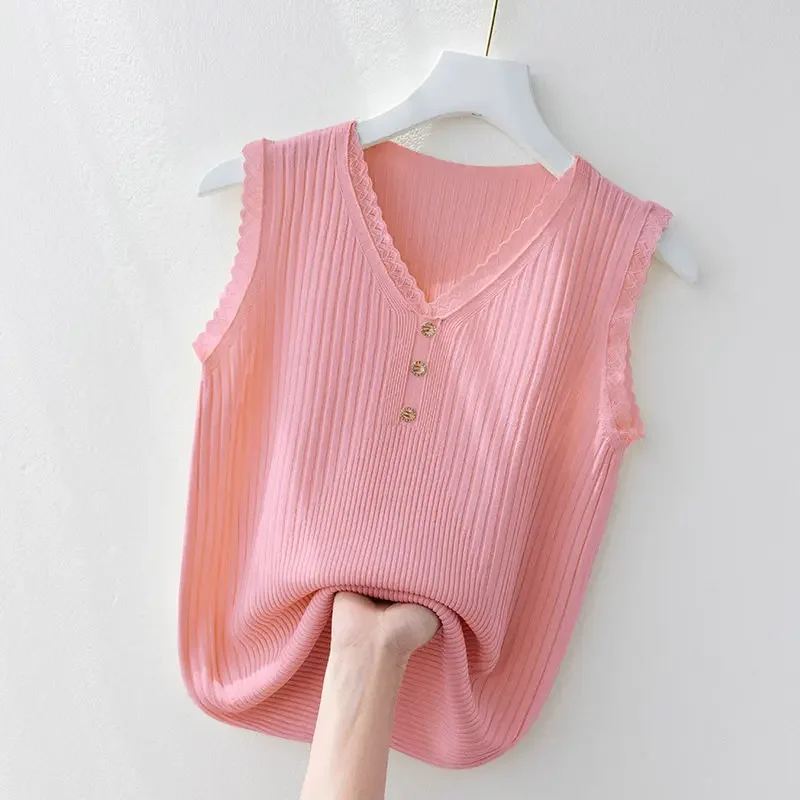 Canotta estiva in seta ghiacciata, abito interno da donna, fondo, maglione ampio che copre la pancia, gilet senza maniche con scollo a V