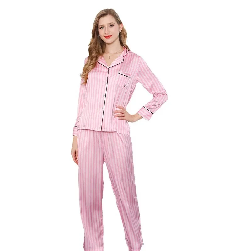 Long sleeved Pink Striped Ice Silk Pajamas Women\'s Home Set pijamas de mujer pajamas for women sleepwear silk pajamas for women