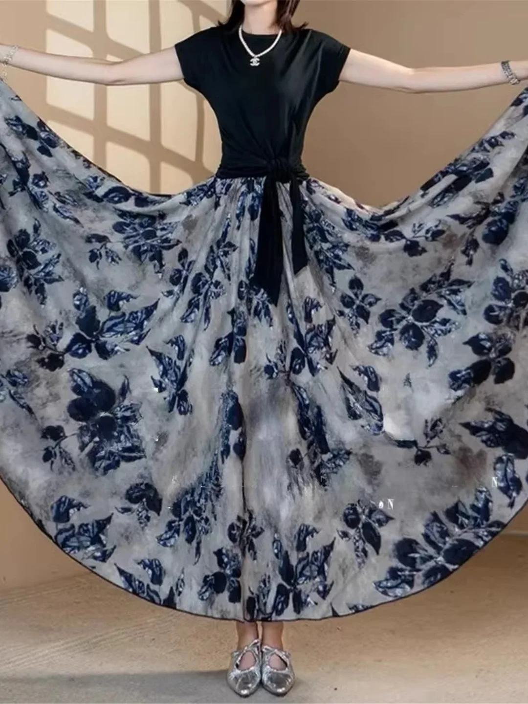 

Garden Dream Print ASH Skirt Half-length Spring Summer New Style Large Flounce A-word Long Skirt Korean Style Loose Fit Polye...