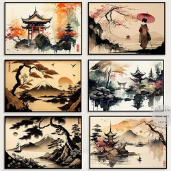 Retro Japanese Zen Landscape Mountain River Boat Birds Sunset Art Poster Canvas Painting Wall Prints Picture for Room Home Decor