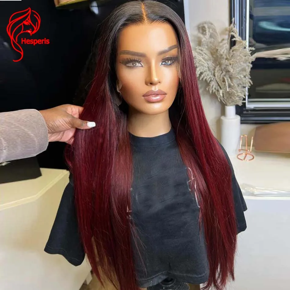 

Hesperis 180 Density Silk Straight Ombre Human Hair Wigs Brazilian Remy Deep Part Lace Front Wig Dark Red For Black Women