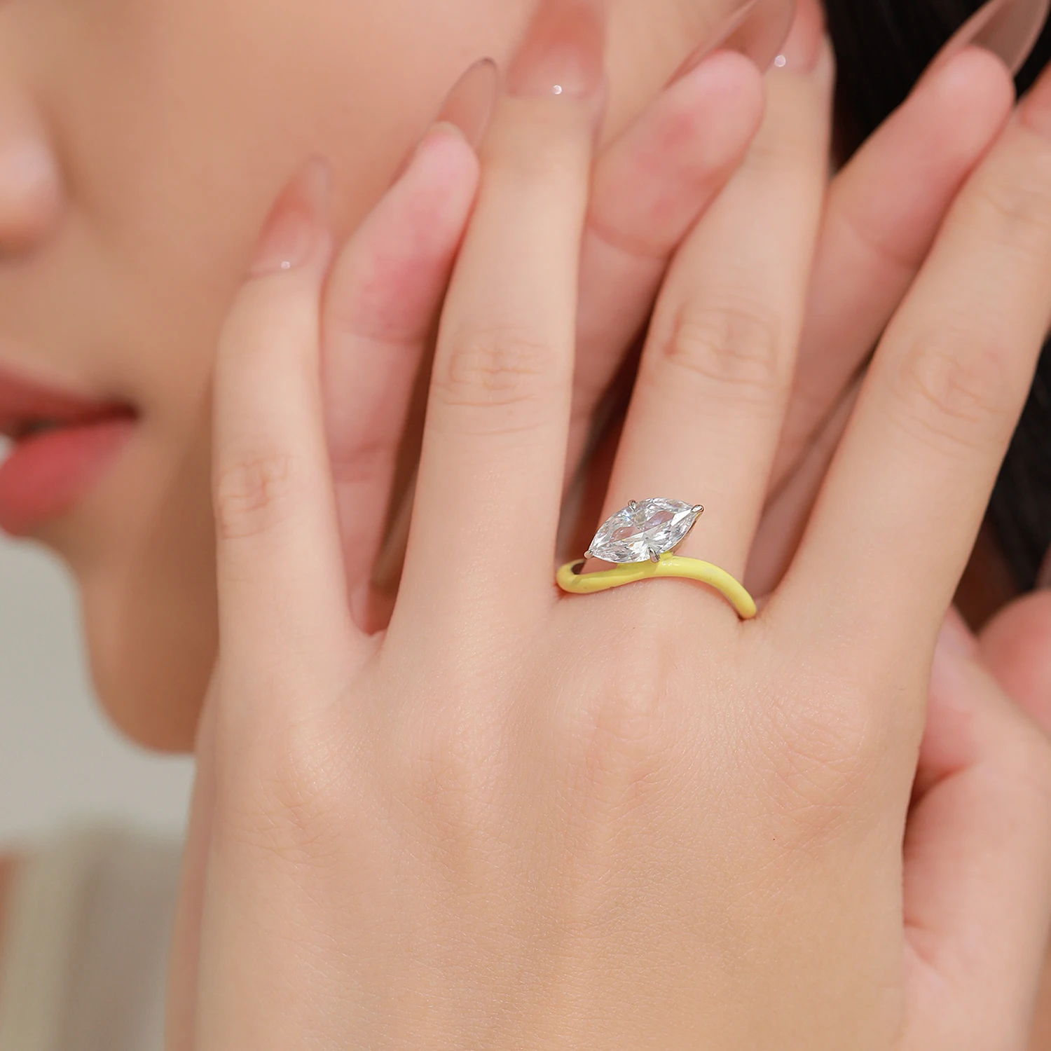 Ailmay 925 Sterling Silver Trendy Horse Eye Zircon Ring For Women Engagement Wedding Luxury High Quality Yellow Enamel Jewelry