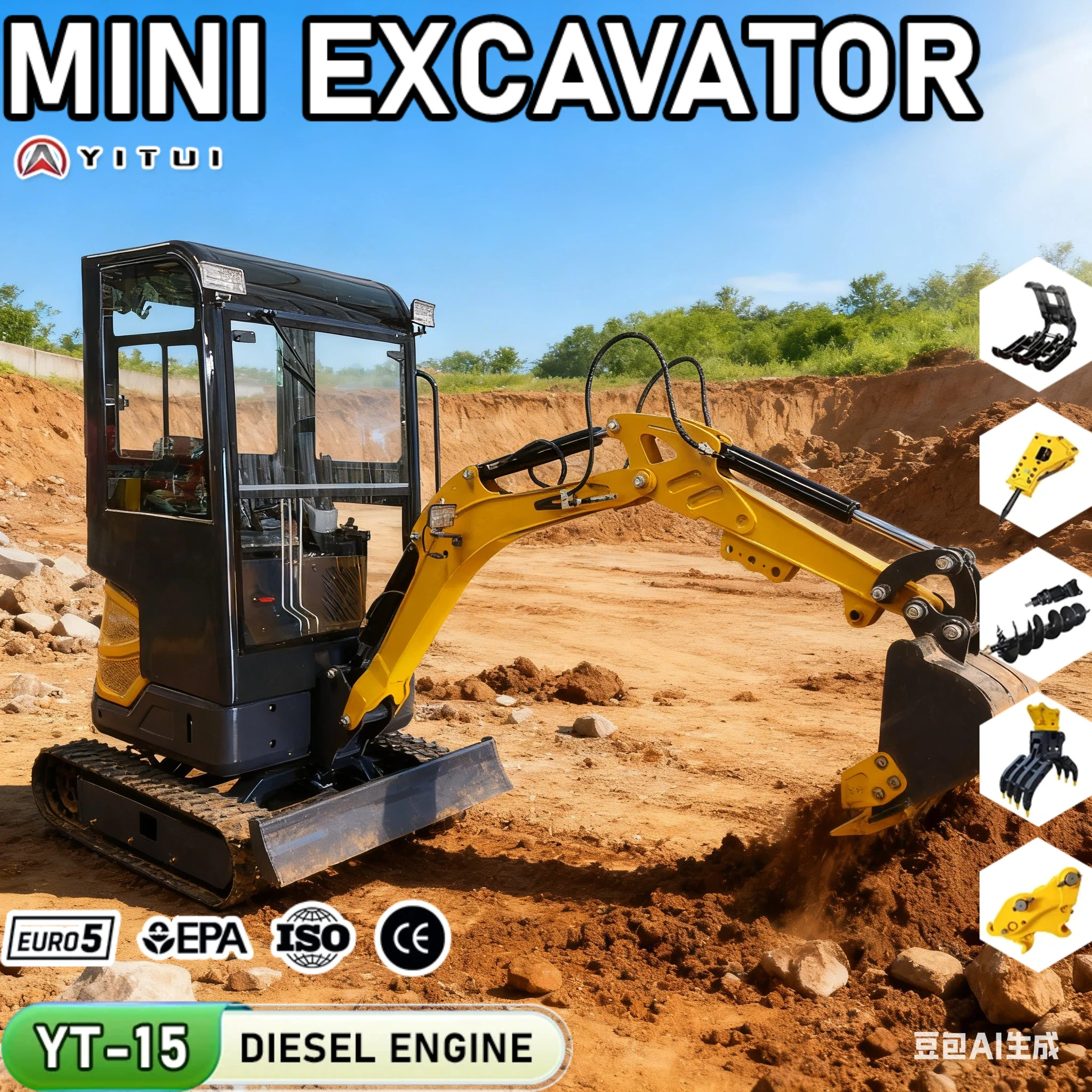 Minibagger 1,2 Tonnen maßgeschneiderte Klimaanlage Heizband Cab Crawler mit Hilfszubehör Schnelle Lieferung