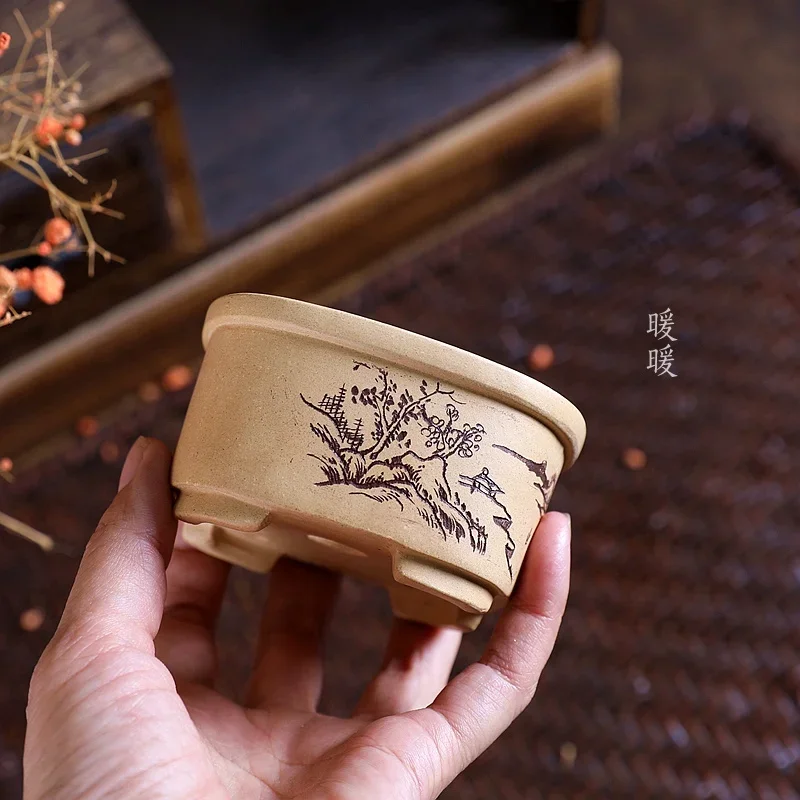 Ceramic Handmade Carved Round Square Pottery Bonsai Pot Tradition Chinese Pattern Cubicles Desk Office Table Garden Decoration