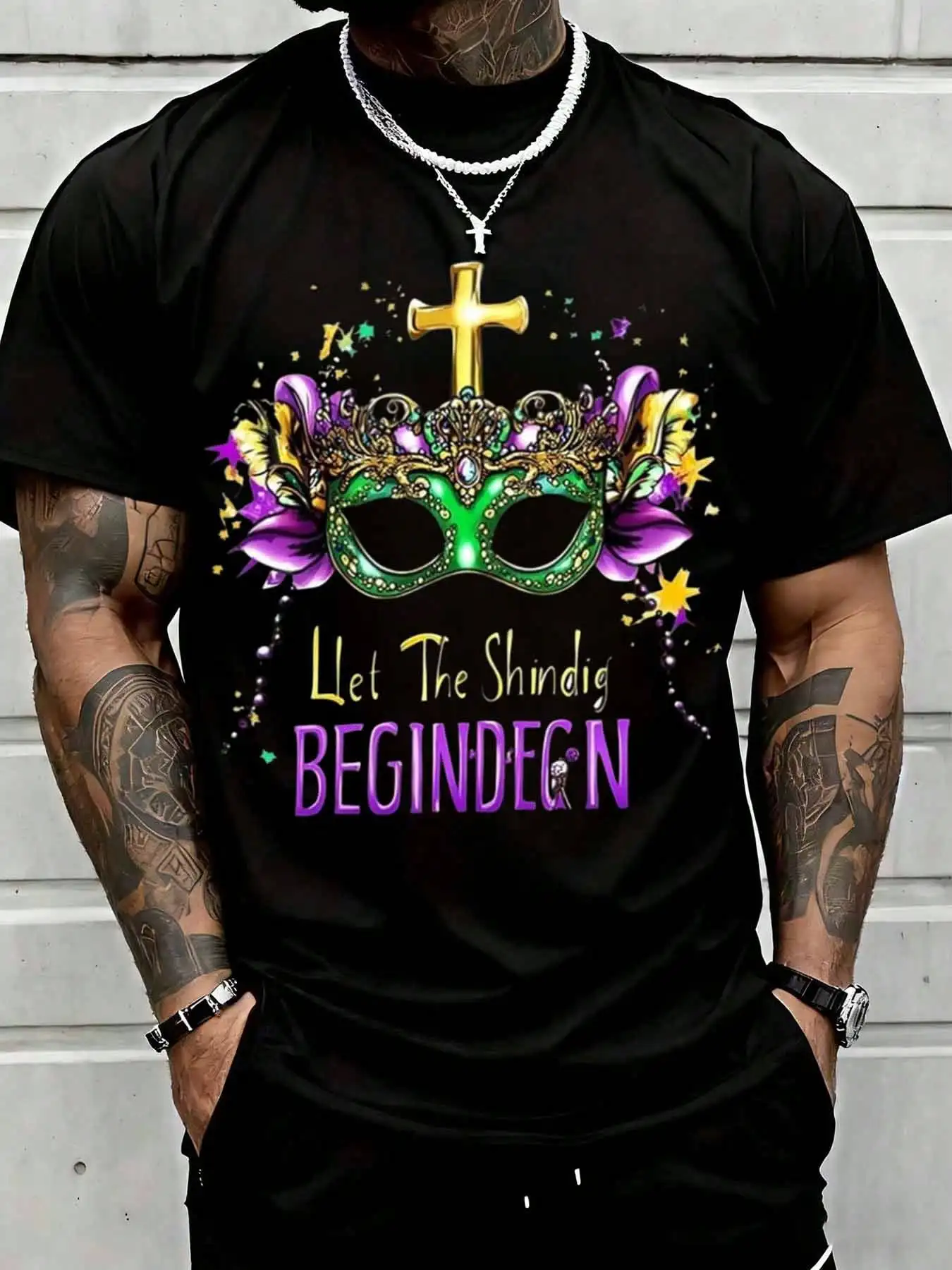 Let The Shindig Begin Mardi Gras Mask Cross T Shirt Men Women Funny Carnival Party Graphic Tee Suitable For Casual Sports Wear