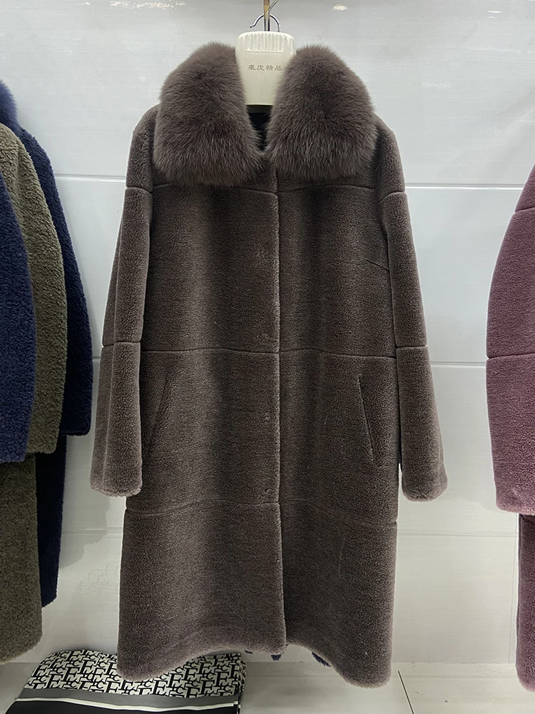 Women Winter 100% Woolen Chocolate Long Jacket Coat Real Fox Fur Collar Long Sheep Fur Winter Warm Outerwear