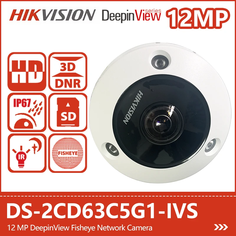 Hikvision 12MP 360-degree Panoramic DeepinView Fisheye Network Camera DS-2CD63C5G1-IVS Heatmap Multi Dewarping 2-way Audio IP67