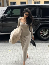 WOMENGAGA Spicy Girl's Square Neck Long Sleeved Dress Elegant For Women's Autumn Winter New Elastic High Waist Slim Dresses D7GJ