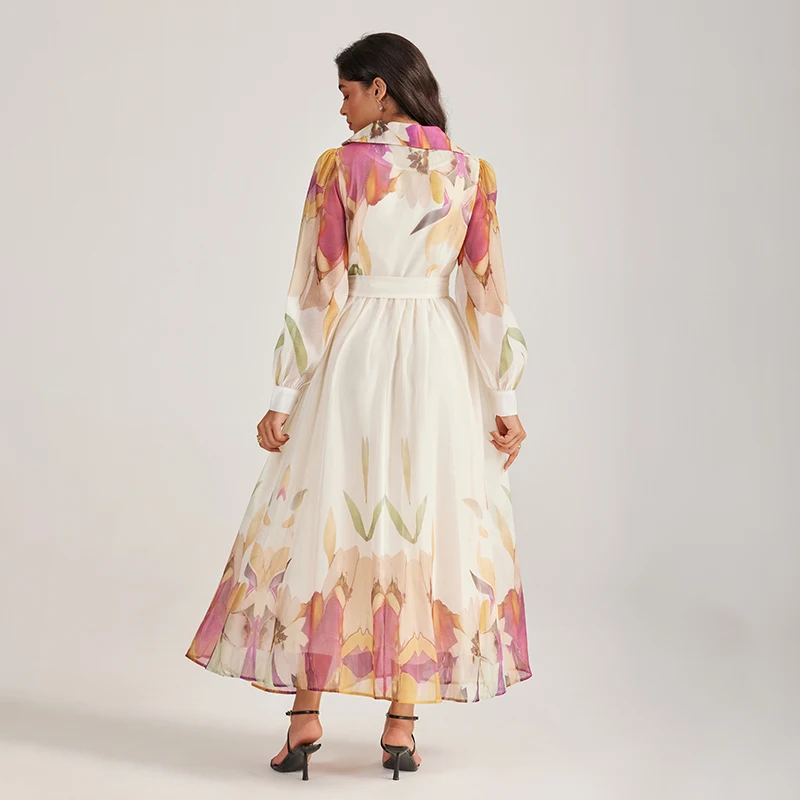 เดรสลำลองอเนกประสงค์แฟชั่นสำหรับผู้หญิง กระดุมเดี่ยว แขนยาว ลายดอกไม้ ช่วงเอวเข้ารูป ทรงแม็กซี่ เหมาะสำหรับใส่ทำงาน