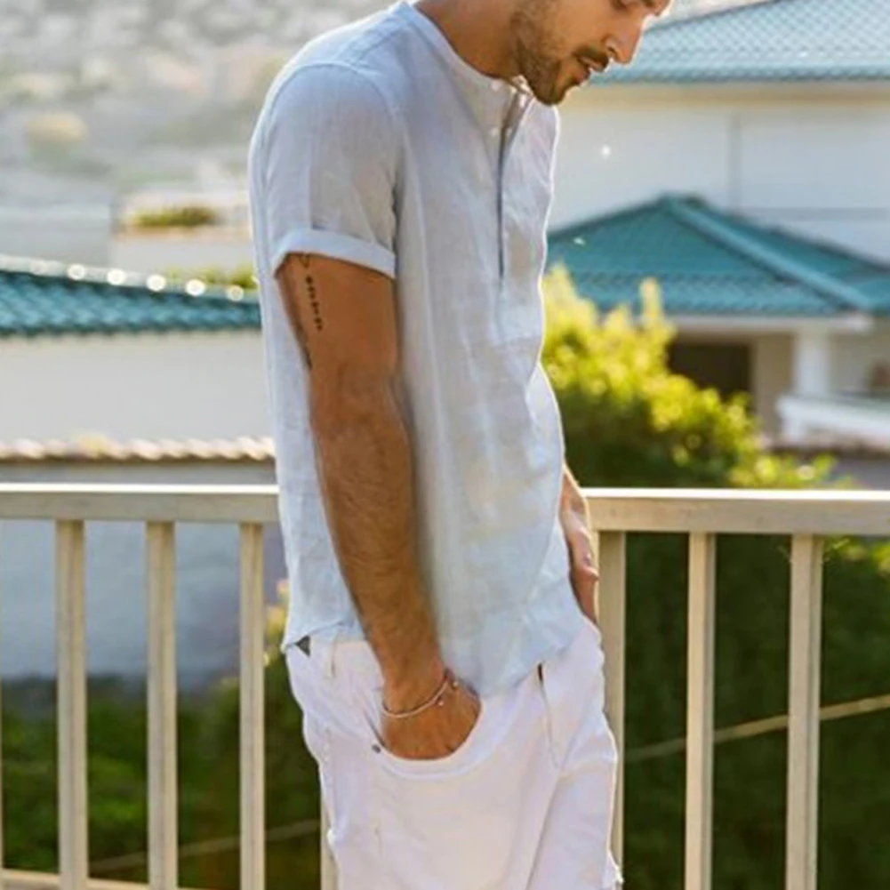 كنزة صوفية بياقة قائمة من الكتان للرجال ، قميص بأكمام قصيرة ، لون سادة ، بيع تصفيات ، بيع بالجملة ، انخفاض الشحن