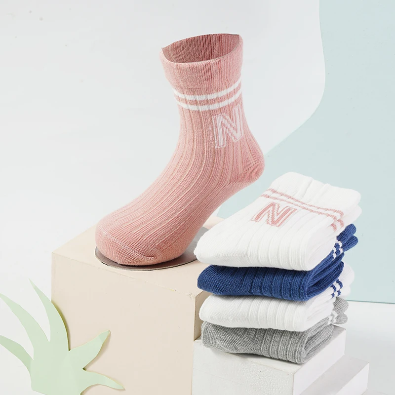 1pair Baby Socks Cute Kids Soft Cotton Pure Color Stripe Socks Girls Boys Sport Style Floor Socks Casual Knit Letter Socks